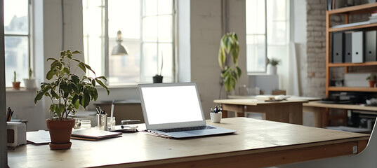 Professional Office Environment with a Laptop Mockup on the Table and Empty Screen for Personalized Brand or Content Display