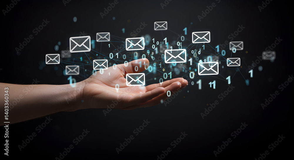 Poster hand presenting network of email icons and binary code in a dark futuristic setting