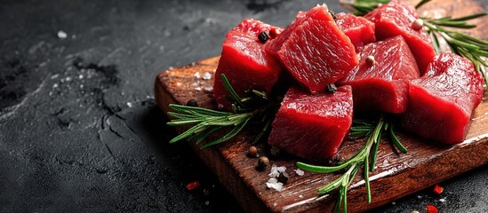 Fresh raw beef chunks on a dark wooden cutting board, surrounded by rosemary sprigs, scattered salt and pepper grains, dramatic overhead lighting, rich texture contrasts