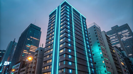 Fototapeta premium High tech Tokyo apartment building with LED lights glowing in evening sky, showcasing modern architecture and urban lifestyle