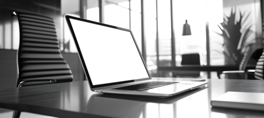 Realistic Laptop Mockup with Transparent Screen on Work Desk in Office Setup for Custom Business or Project Branding