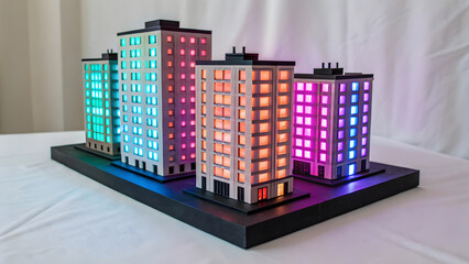 vibrant model of blocky neon apartment complex with colorful illuminated windows, showcasing modern architecture and design