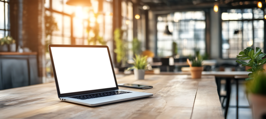 Realistic Laptop Mockup with Transparent Screen on Work Desk in Office Setup for Custom Business or Project Branding