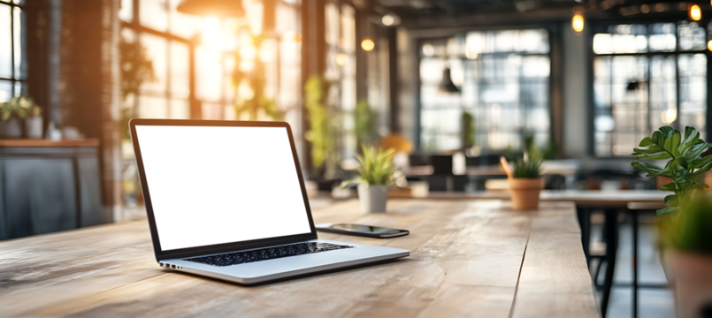 Realistic Laptop Mockup with Transparent Screen on Work Desk in Office Setup for Custom Business or Project Branding
