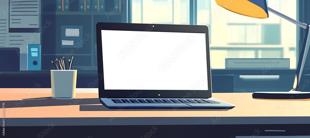 Wall mural realistic laptop mockup with transparent screen on work desk in office setup for custom business or 