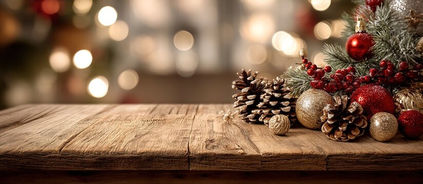 Wooden table with pinecones, red-and-gold Christmas ornaments, foreground holiday arrangement, blurred background of decorated Christmas tree with lights
