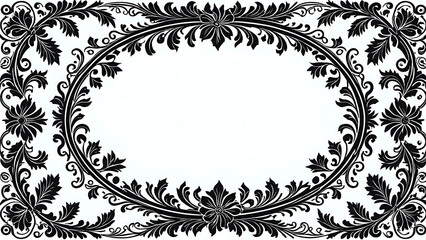 Elegant Black Vintage Floral Frame with Symmetrical Swirls and Leaves, Ornamental Victorian Style