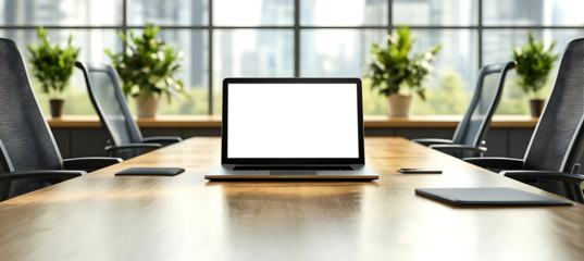 Office Desk Scene Featuring a Laptop with Empty PNG Screen for Custom Logo, Website, or App Branding Mockup