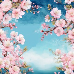 creative border frame illustration of beautiful cherry blossom in springtime seamless wallpaper on blue sky background, graphic resource