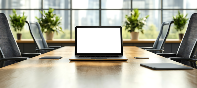 Office Desk Scene Featuring a Laptop with Empty PNG Screen for Custom Logo, Website, or App Branding Mockup