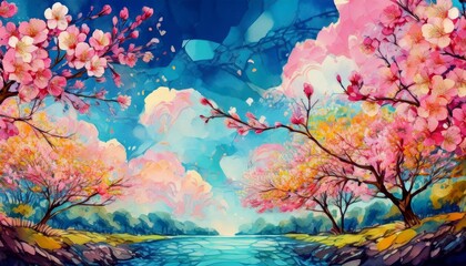 creative border frame illustration of beautiful cherry blossom in springtime seamless wallpaper on blue sky background, graphic resource