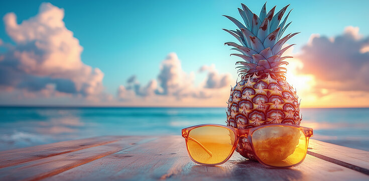 Summer Vacation Concept with Pineapple and Sunglasses on Wooden Table