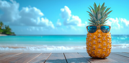 Summer Vacation Concept with Pineapple and Sunglasses on Wooden Table
