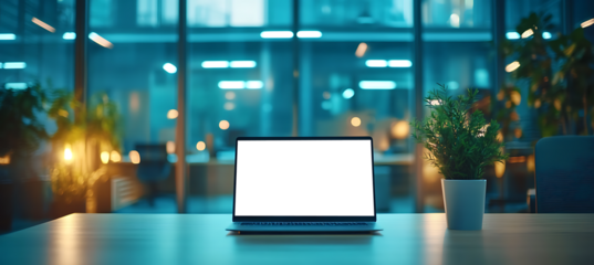 Laptop Mockup with Transparent Screen on Office Table for Custom Branding and Design Display in a Modern Indoor Workspace Setting