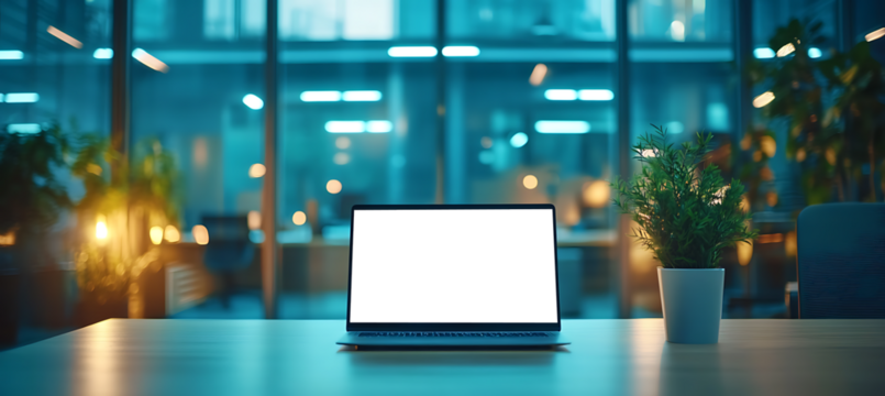 Laptop Mockup with Transparent Screen on Office Table for Custom Branding and Design Display in a Modern Indoor Workspace Setting