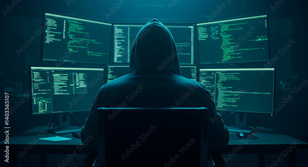 Poster hacker in hoodie sitting before multiple monitors coding in dark blue lit room
