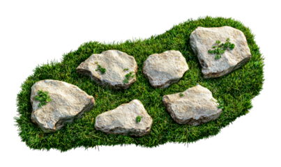 Top View Natural Stone Pathway with Grass in a Tranquil Garden Setting Isolate on Transparent Background, cutout, png