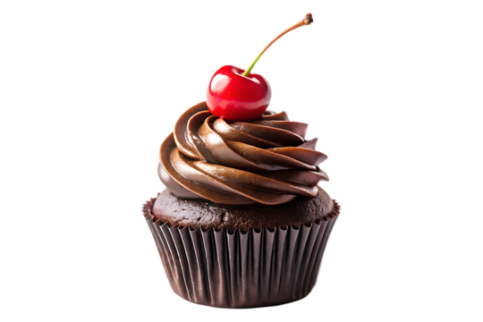 black cupcake with cherry, icing on transparent background