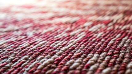 Close-up view of a textured woven rug with red and beige yarns.