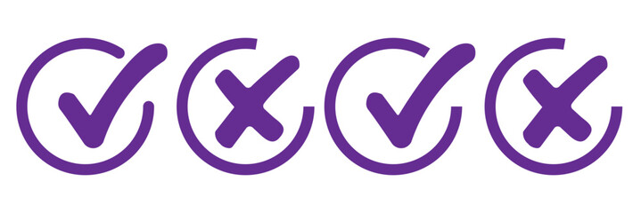 Check mark icon button set. Check box icon with right and wrong buttons and yes or no checkmark icons in green tick box and red cross.