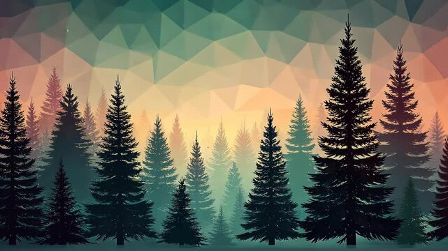 Stylized Pine Tree Forest Silhouette Against a Geometric Gradient Sky
