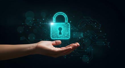 Glowing Turquoise Padlock Floating Above Open Hand on Dark Background Symbolizing Digital Safety