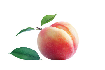 Juicy ripe peach with green leaves vibrant summer fruit isolated on black background close up view