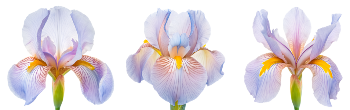 Set of soft blue bud iris flower, blooming bud, isolated on transparent background, cutout png.