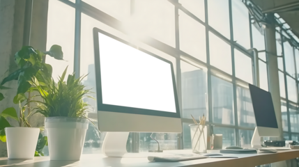LED Computer Screen with Empty PNG Display on Office Tabletop for Branding, App UI Showcase, or Presentation of Digital Projects in a Workspace Setting