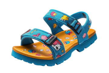 Fun kids summer sandals with vibrant blue and yellow design featuring playful cartoon characters