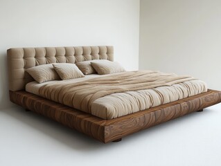 Modern Platform Bed with Tufted Headboard and Wooden Base, Minimalist Bedroom Interior Design, Luxury Bedding with Pillows and Blanket in Neutral Tones.