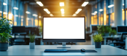 Modern Office Setup with LED Monitor Mockup Featuring a Blank PNG Screen on Table for Brand Mockups, Advertisements, or Digital Product Displays