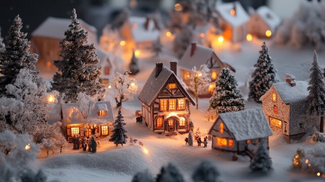 A miniature winter village scene with illuminated homes in snow