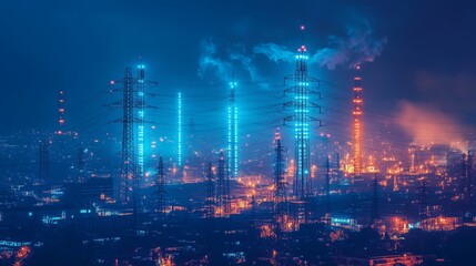 Futuristic high-voltage transmission towers glowing with neon lights stretch across a cyberpunk cityscape at night, symbolizing advanced energy infrastructure and smart grid technology