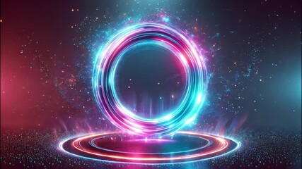 Glowing neon energy ring in dark void with dynamic magenta and blue light effects
