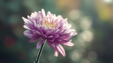 A close-up of an elegant chrysanthemum with soft purple petals in a subtle pink and yellow hue accentuates the delicate beauty of the flower, centered on one side of the picture.