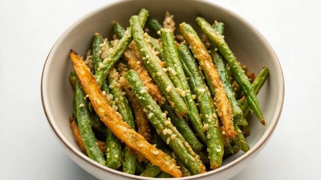 Crispy green beans are served in a bowl, topped with finely chopped garlic and a light coating of breadcrumbs for added texture and flavor.