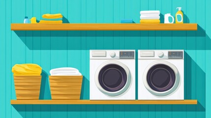 Bright and organized laundry room with washing machines, baskets, and cleaning supplies