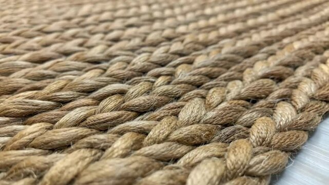A close-up of a textured, woven natural fiber rug showcasing braided patterns and earthy tones.