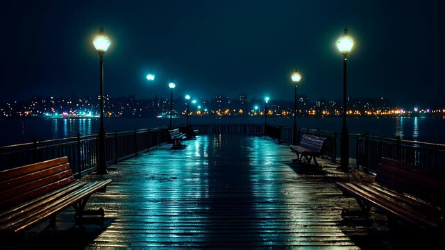 Serene night view of a pier with glowing lamps reflecting on water  