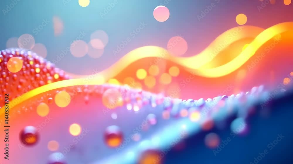 Poster mesmerizing droplets dance on iridescent waves in a vibrant abstract dreamscape.