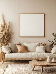 modern interior design mockup background with a blank poster frame, sofa and coffee table in light beige tones, minimalist style, natural lighting, high resolution photography