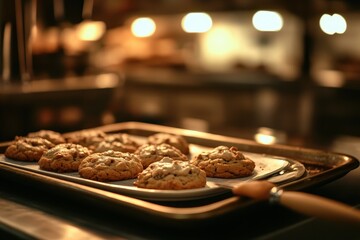 Freshly baked cookies on a baking sheet in a kitchen.