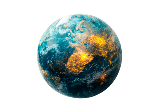 Glowing Earth illuminated by city lights isolated on transparent background