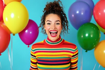 Obraz premium Happy Woman Surrounded by Colorful Balloons