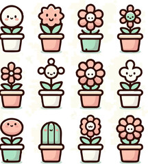 A collection of cute round flower plants in pastel colors, each in a unique pot, arranged in a seamless pattern. The flowers have smiling faces, soft rounded petals, and simple green leaf	