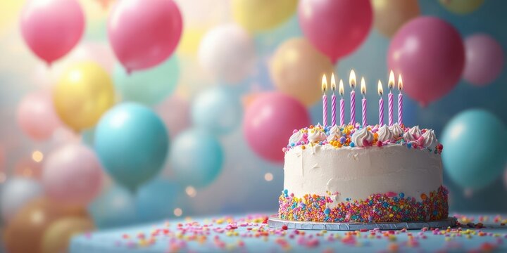Colorful birthday cake with candles surrounded by balloons in festive celebration setting - Powered by Adobe