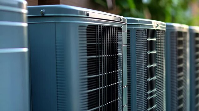 Row of air conditioning units surrounded by lush greenery in a residential setting during golden hour