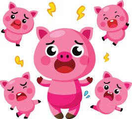 A set of pink pig emojis: embarrassed (sweat), greedy (drool), happy, bashful, dancing.