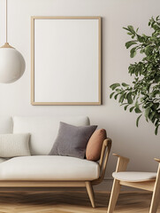 modern interior design mockup background with a blank poster frame, sofa and coffee table in light beige tones, minimalist style, natural lighting, high resolution photography